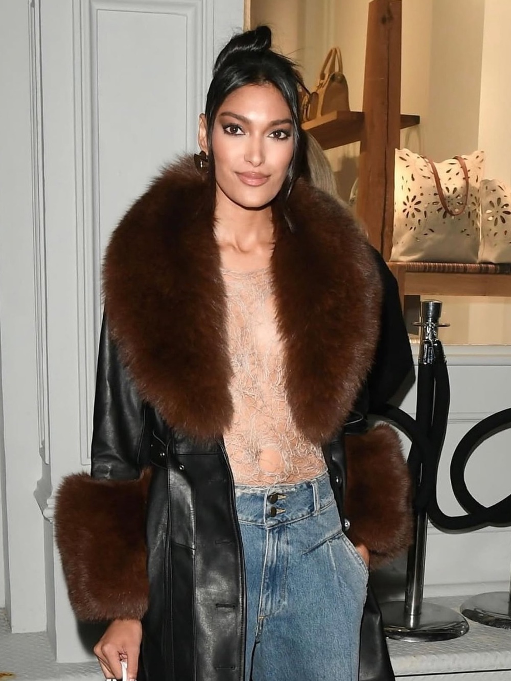 Susanna Chow NYC JoJo coat in black leather with brown fur trim